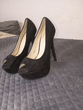 Bella Marie Black Suede Peep-Toe Platform Heels